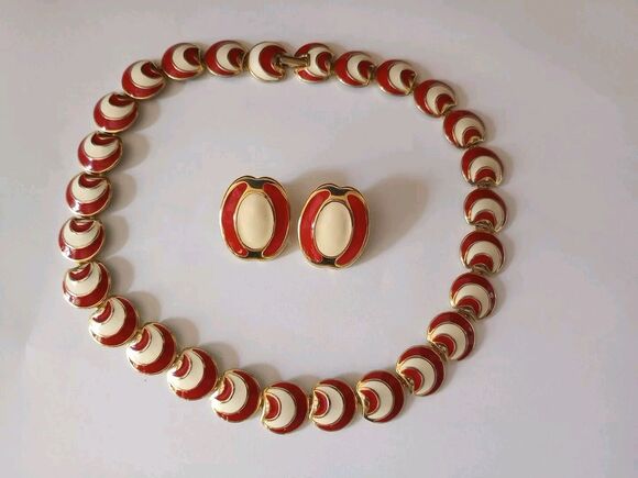 Monet Jewelry - Vintage Monet Enamel Collar Necklace Clip Earrings Red Cream 80s Deco Style